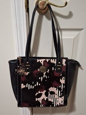 Anne Klein Black Tote with Pink & Burgundy Floral Print and Butterfly Zip Pull